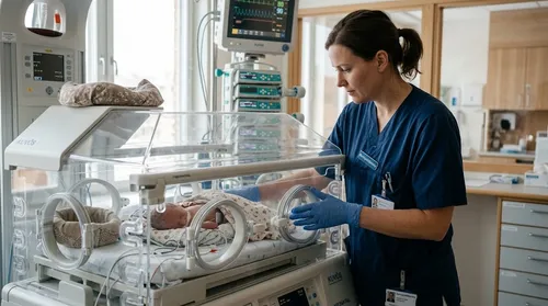 Sjuksköterska vårdar för tidigt fött barn i kuvös på neonatalavdelning