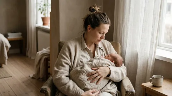 Svensk mamma med sitt nyfödda barn i rofylld hemmiljö